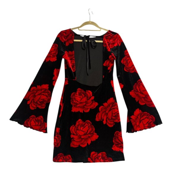 Sexy Velvet Rose Backless Mini Dress | Bell Sleeves | Thirty Thirty | Size M - Picture 3 of 4